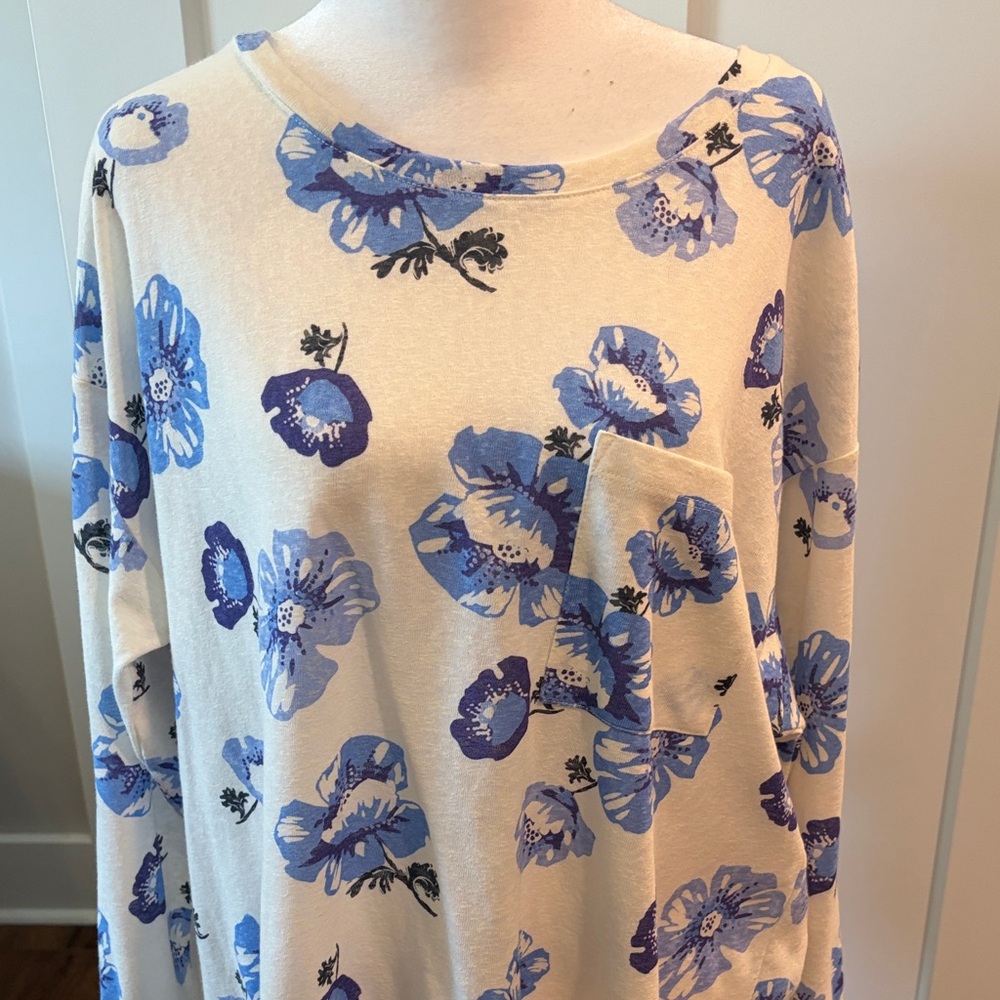 Loft Outlet Womens Blue Floral Print Long Sleeve Top Size XL Spring Summer